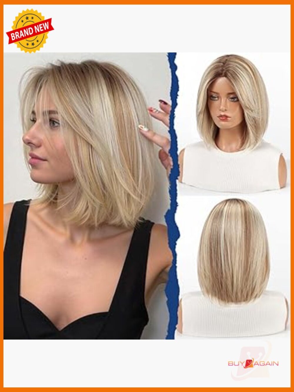 12" Straight Human Hair Bob Wig with Curtain Bangs, SilkHug Cap, Clip in,